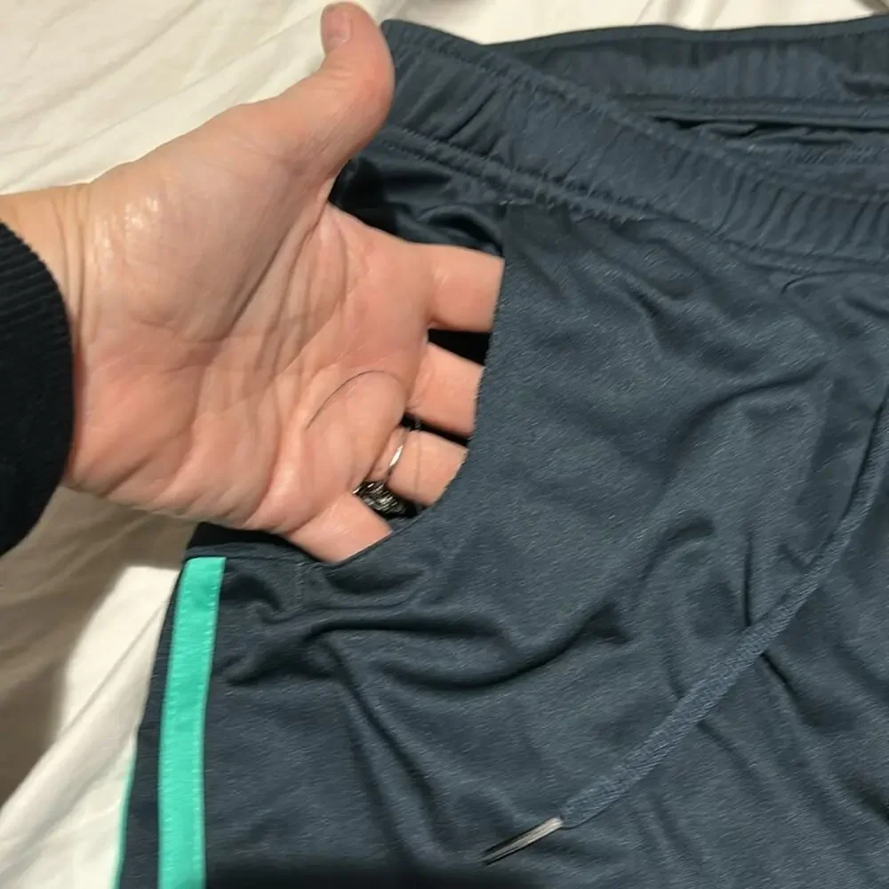 Adidas L blue teal shorts turquoise 3 stripe reflective silver pockets net